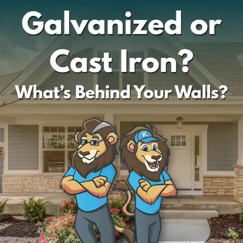 Kinsmen Service Pros mascots in front of a North Charleston, SC home with text reading 'Galvanized or Cast Iron? What's Behind Your Walls?