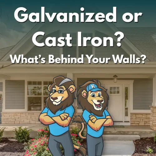 Kinsmen Service Pros mascots in front of a North Charleston, SC home with text reading 'Galvanized or Cast Iron? What's Behind Your Walls?
